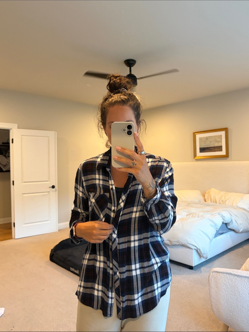 Navy & White Plaid Button-Up Shirt